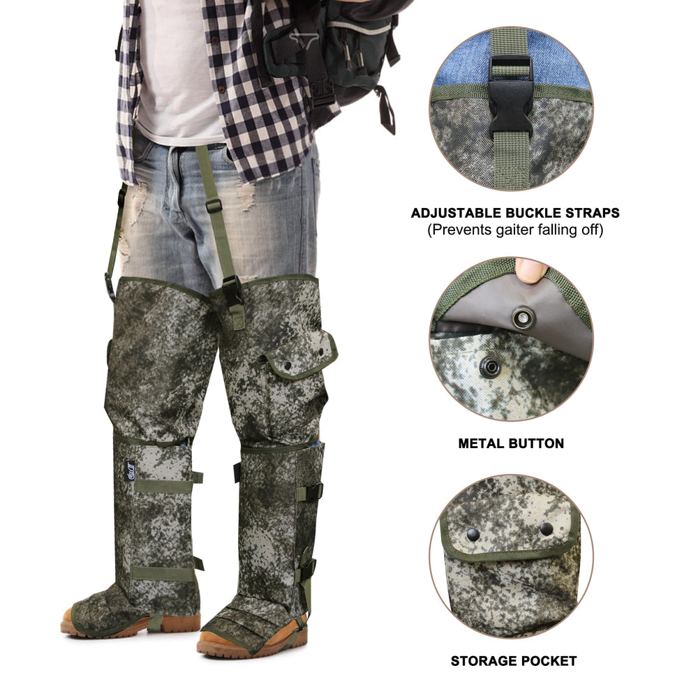 JLDTOP gaiters worn over boots for size and scale comparison benefit