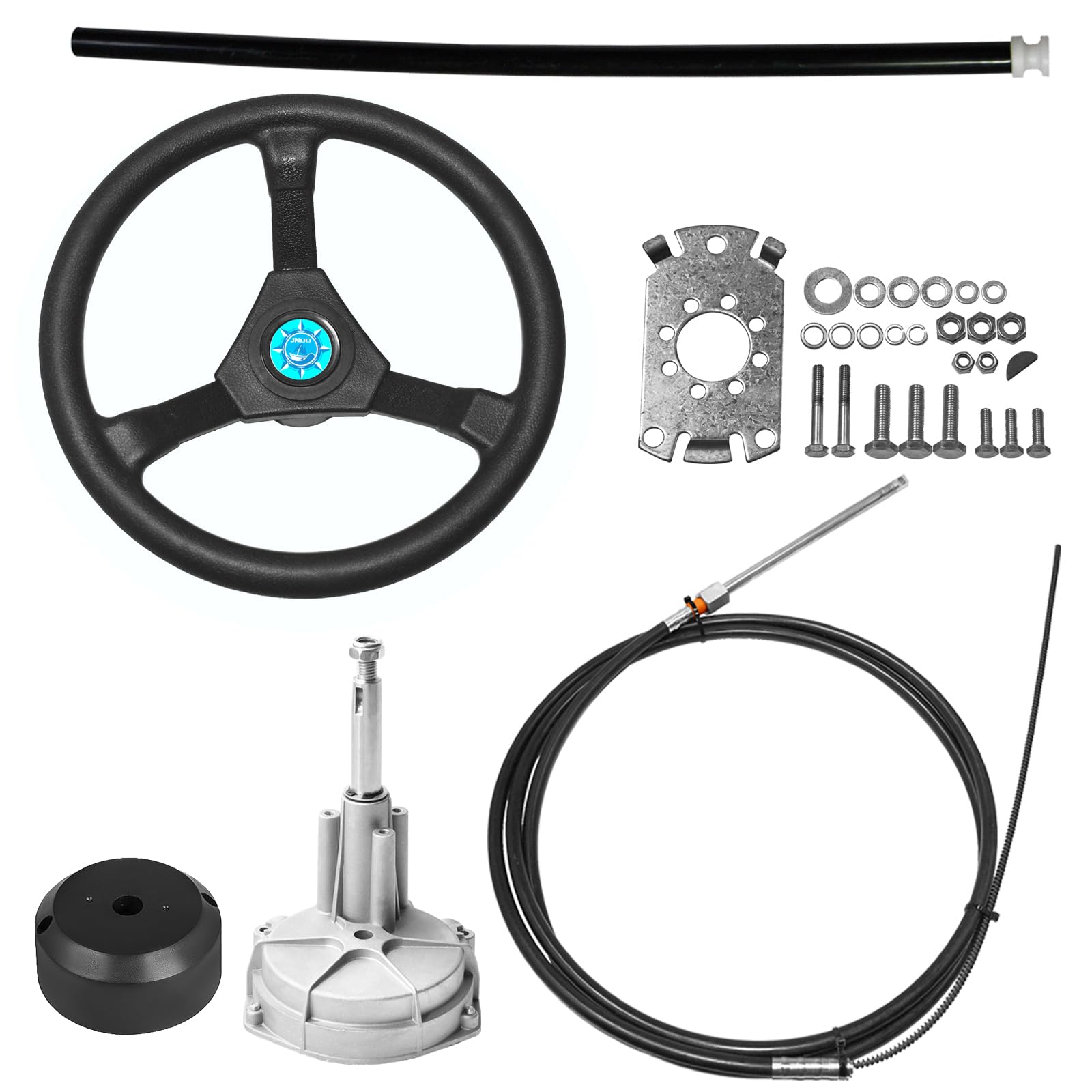 JNDO complete kit front view showing wheel, helm, and cable for reliable steering