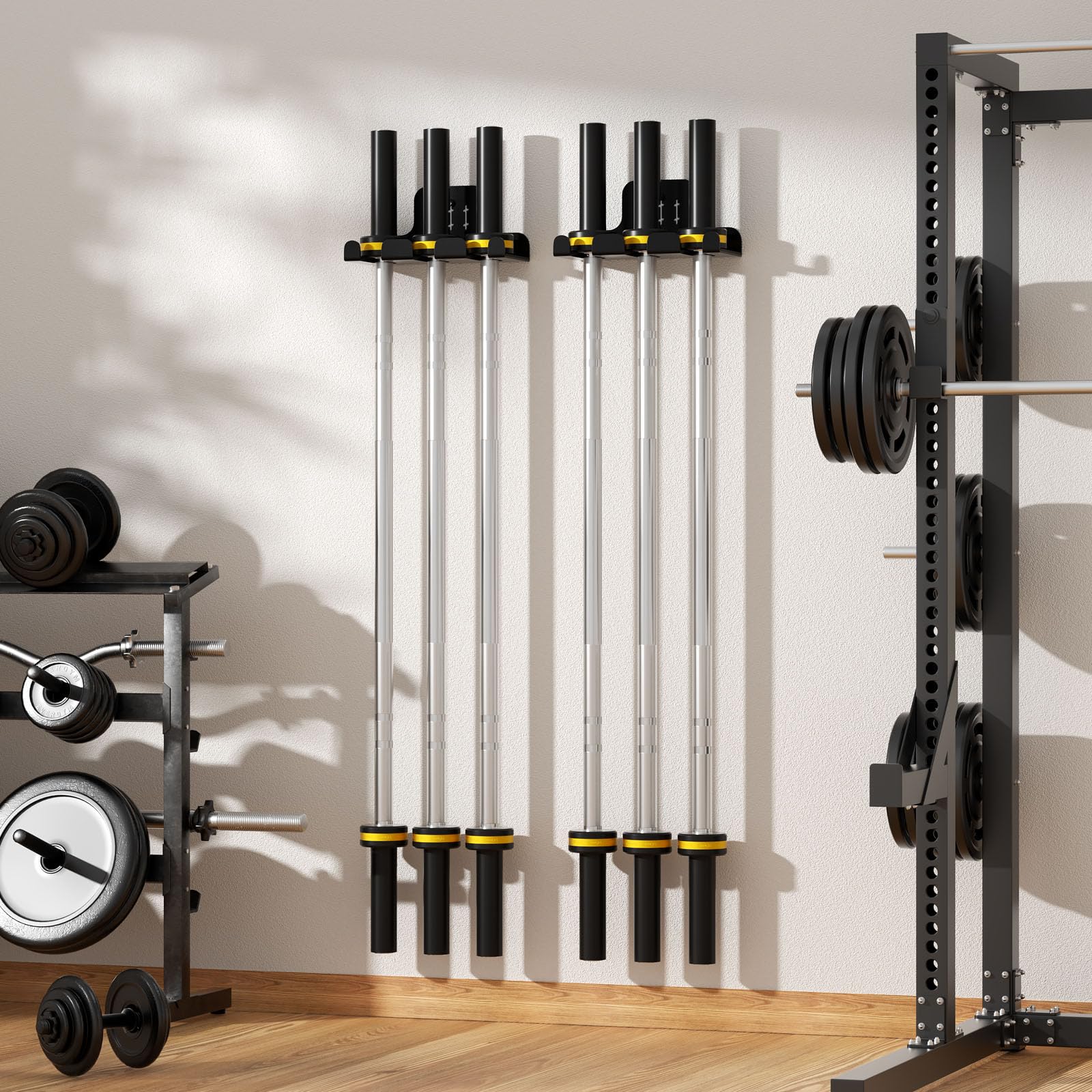 JNIHEEP barbell holder beside weight plate demonstrating size and space-saving benefit