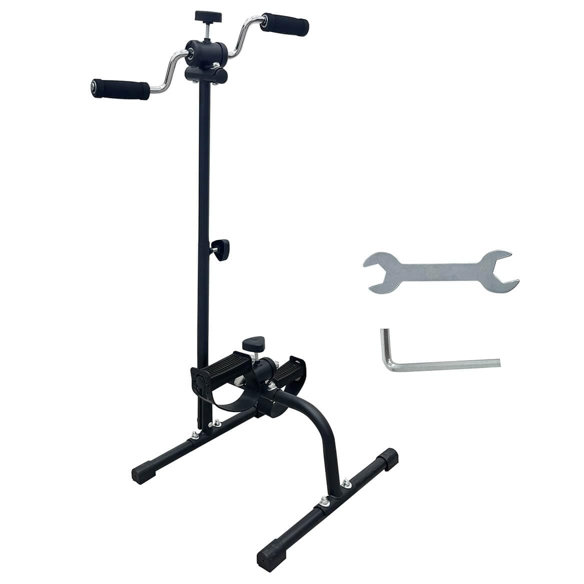 Jobar exerciser in use with seated leg pedaling promoting low-impact movement
