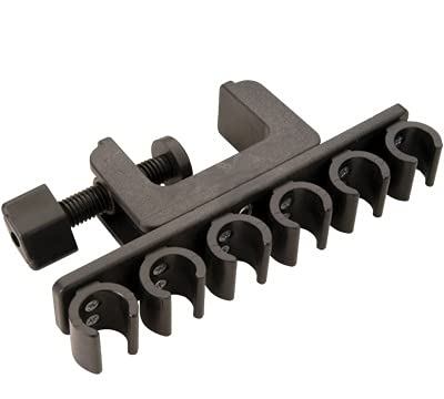 Joe Porper cue clamp front view showing clamp and six wrap-around clips protecting cues