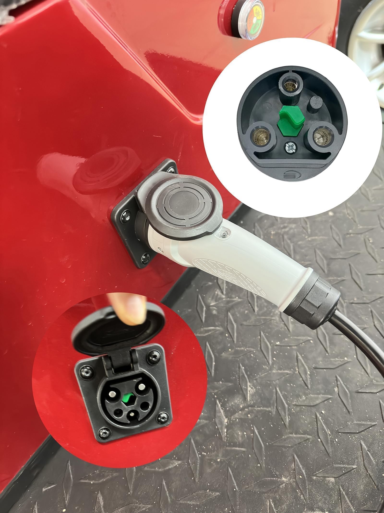 JOEEGO cord plugged into golf cart showing compatible fit with MadJax and Denago inlets