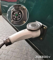 JOEEGO charging cord in use on a golf cart showing straightforward plug-in convenience