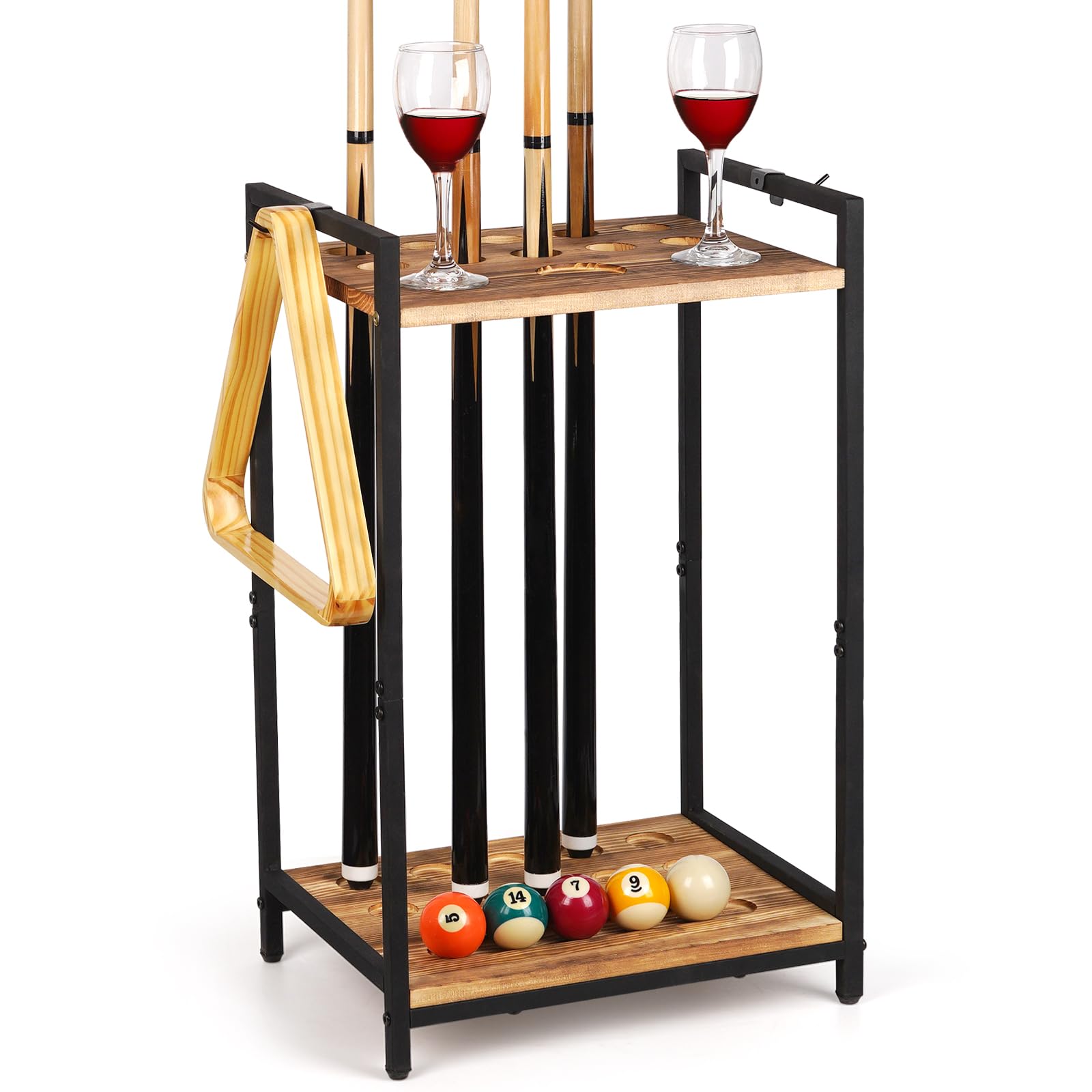 Jolensoy cue rack front view showing organized storage and tidy game room benefit