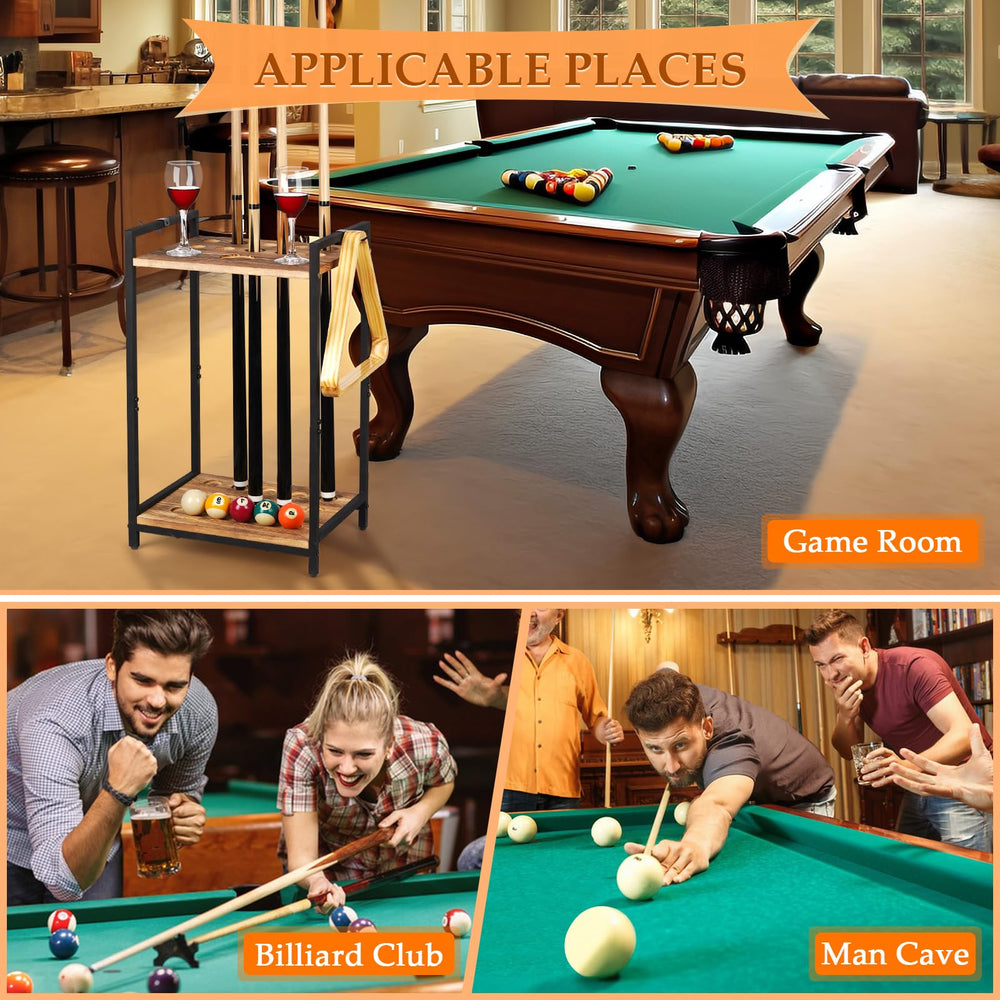 Jolensoy rack beside pool table showing compact footprint and fit