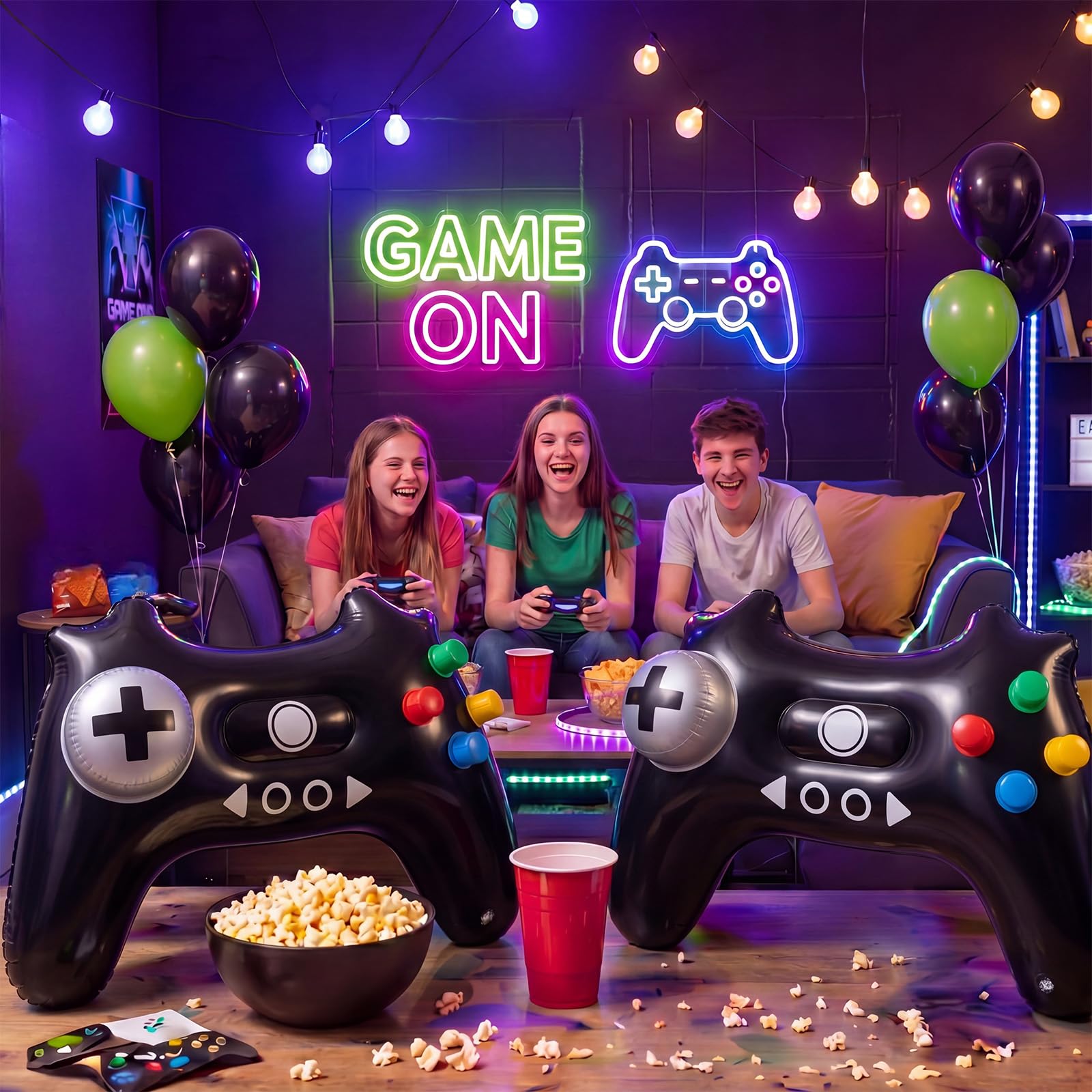 JolliLudo controllers styled on party backdrop creating immersive game-theme atmosphere