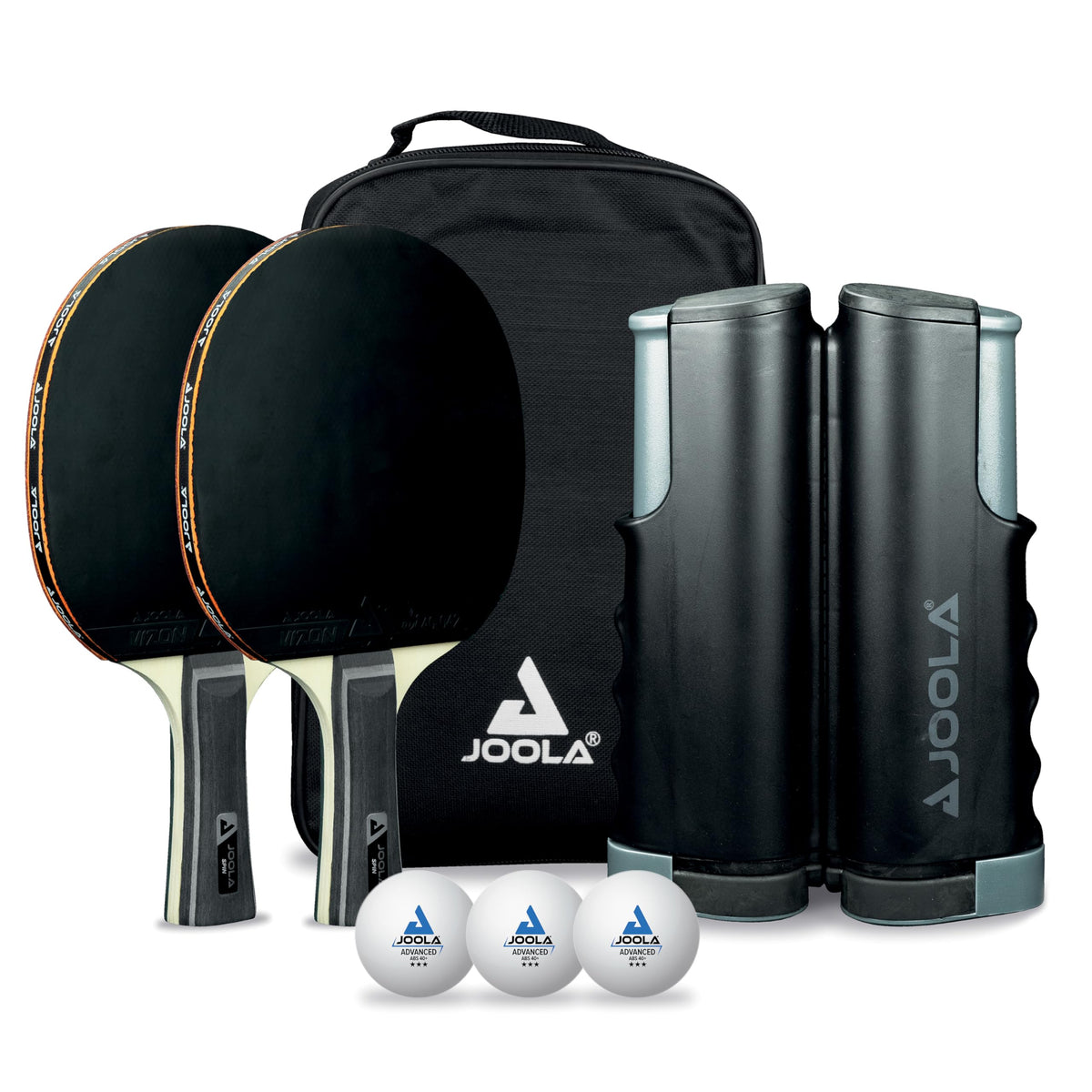 JOOLA front view of full kit showing net, paddles, and case for easy setup