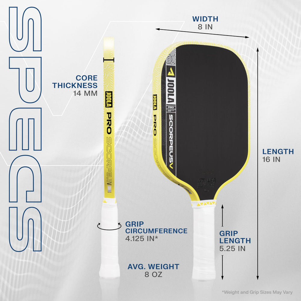 JOOLA Pro V side profile beside scale illustrating lightweight performance