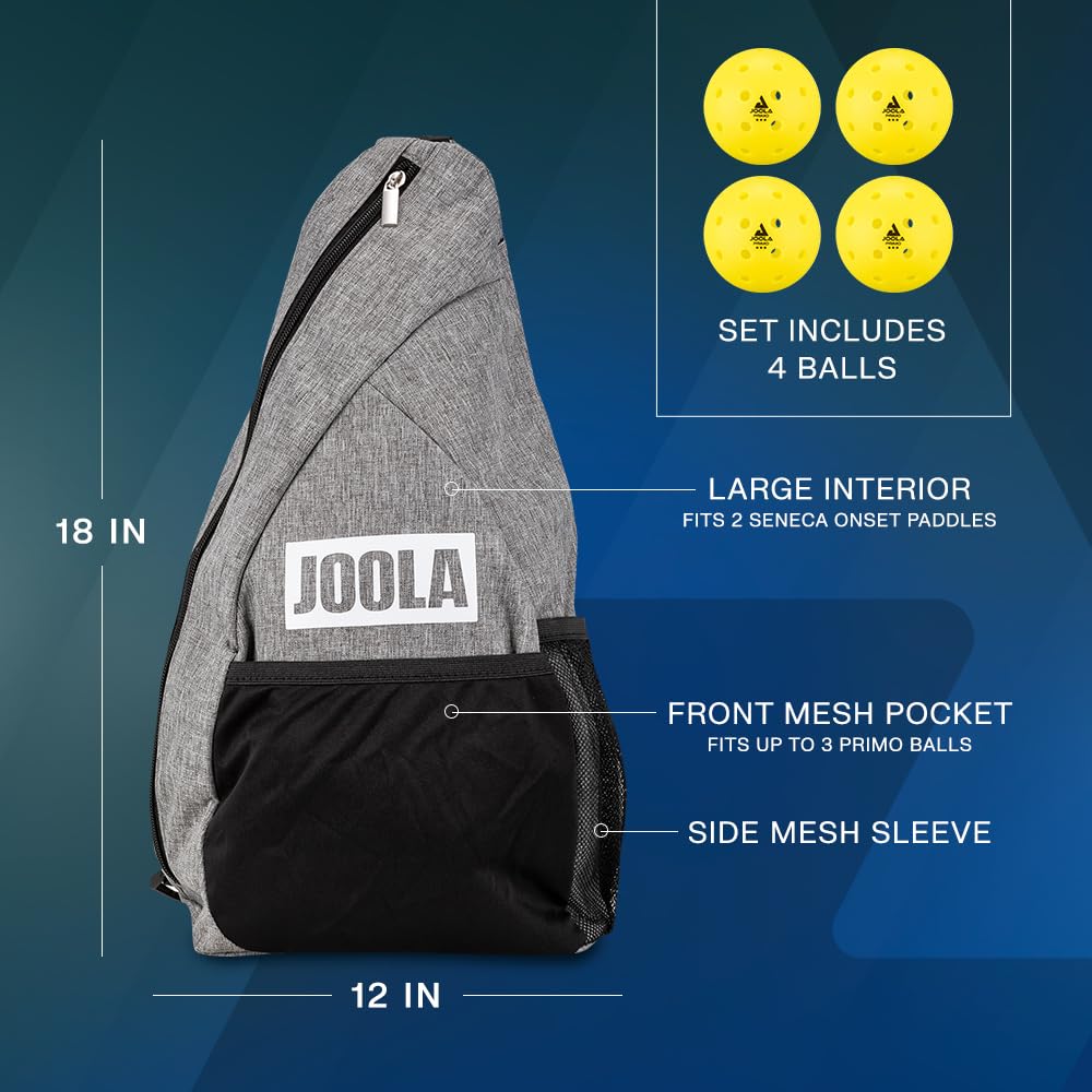 JOOLA sling bag with four balls for organized transport and easy court setup