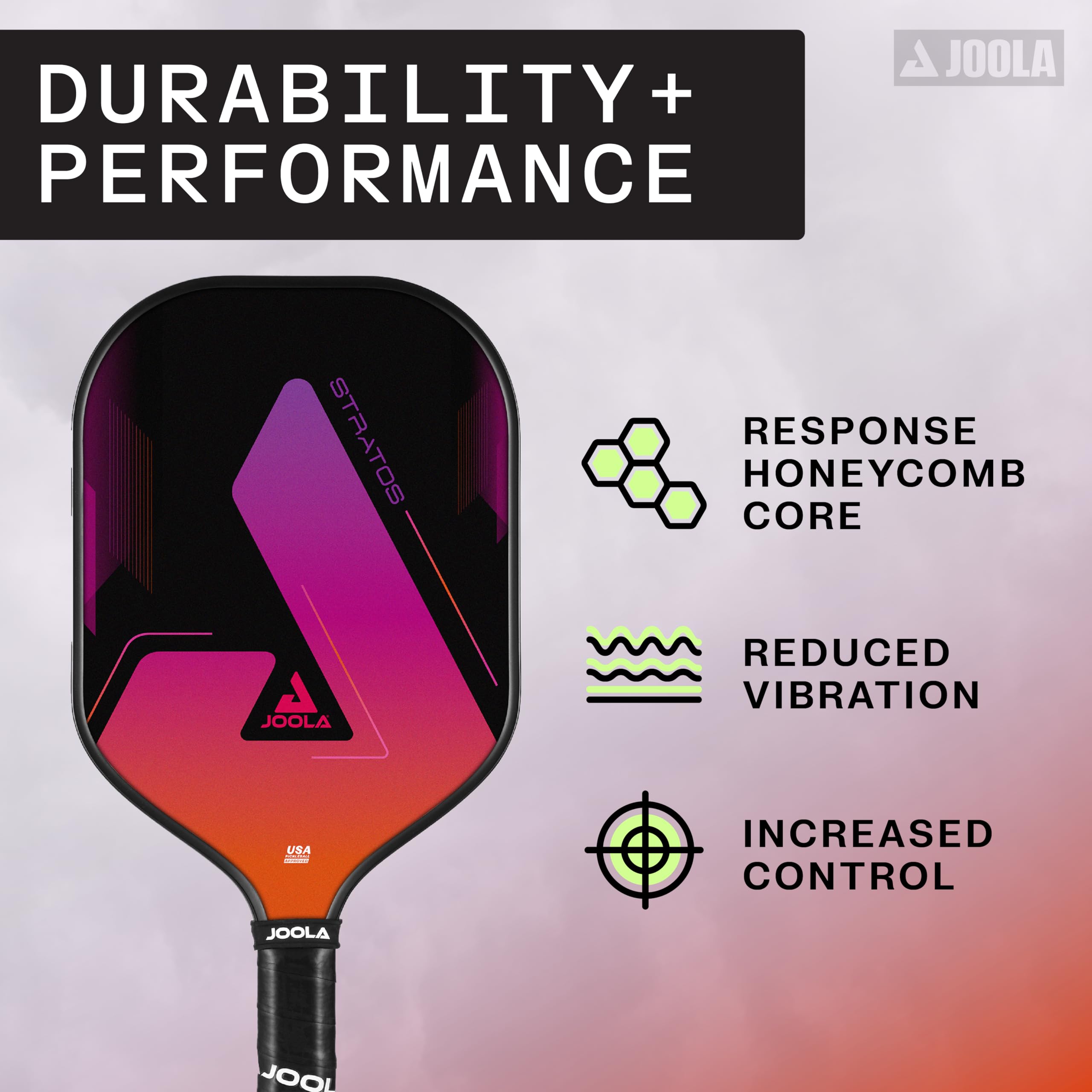 JOOLA Stratos grip detail featuring Black Rige Grip for comfortable shock absorption