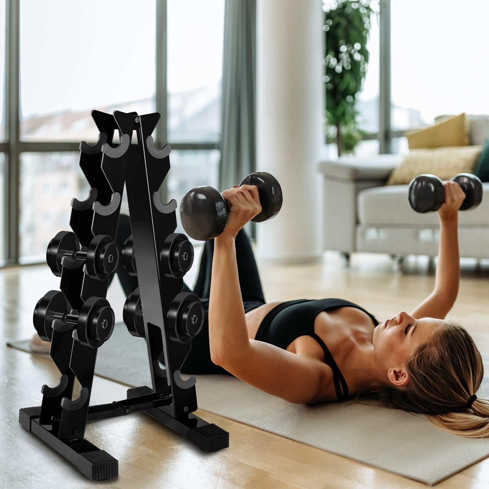 JORICY rack positioned in a home gym showing tidy equipment storage and accessibility