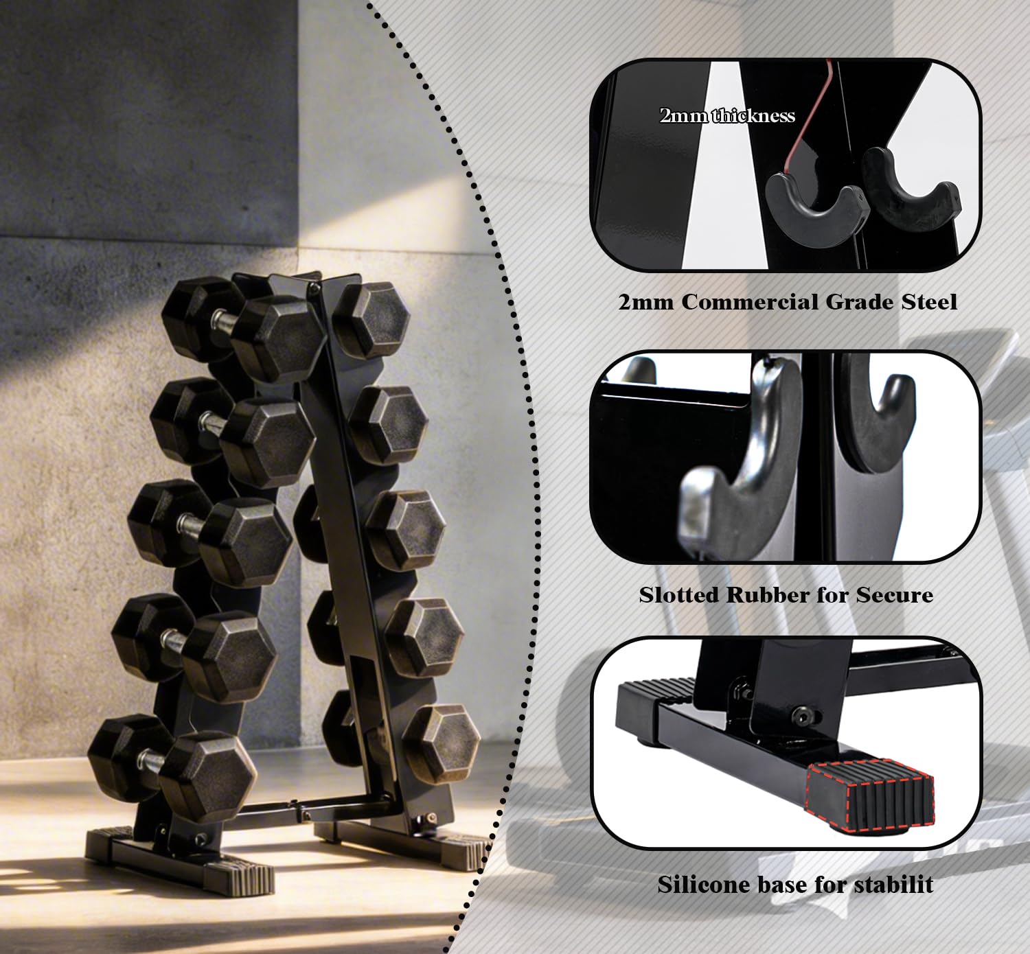 JORICY rack loaded with various dumbbells demonstrating practical in-use organization