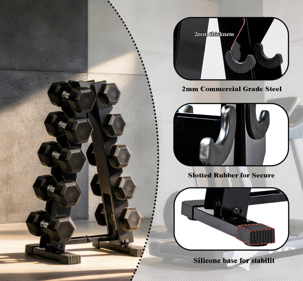 JORICY rack loaded with various dumbbells demonstrating practical in-use organization