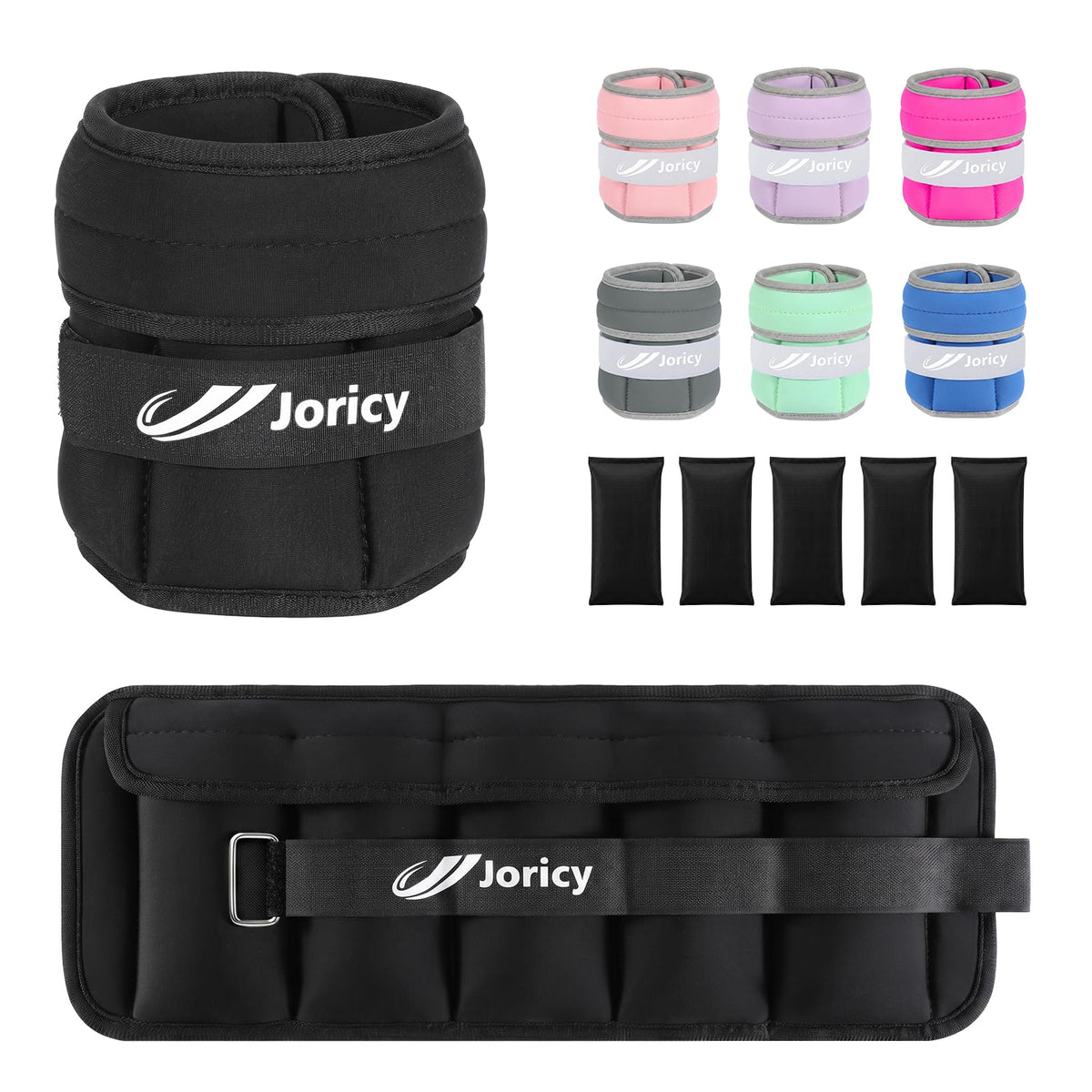 JORICY front view of ankle wrist weights showing straps and pockets for easy selection benefit