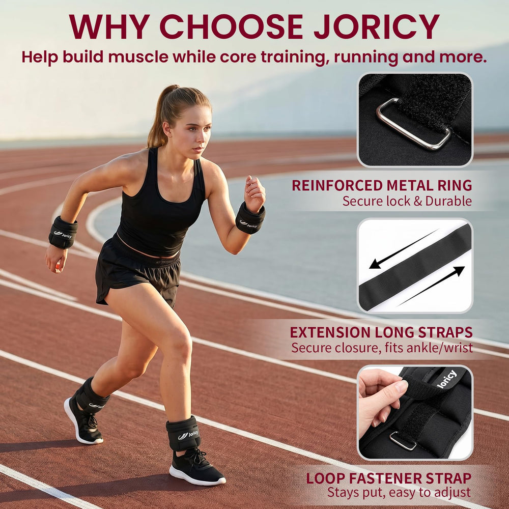 JORICY ankle weights worn during exercise demonstrating stable placement and improved intensity