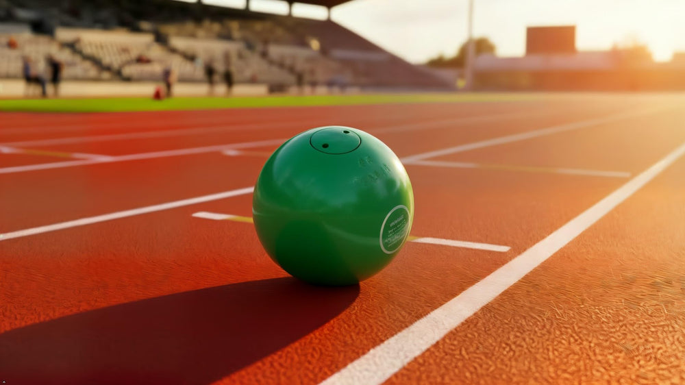 JOSOBO shot put next to ruler showing 103 mm size for accurate practice