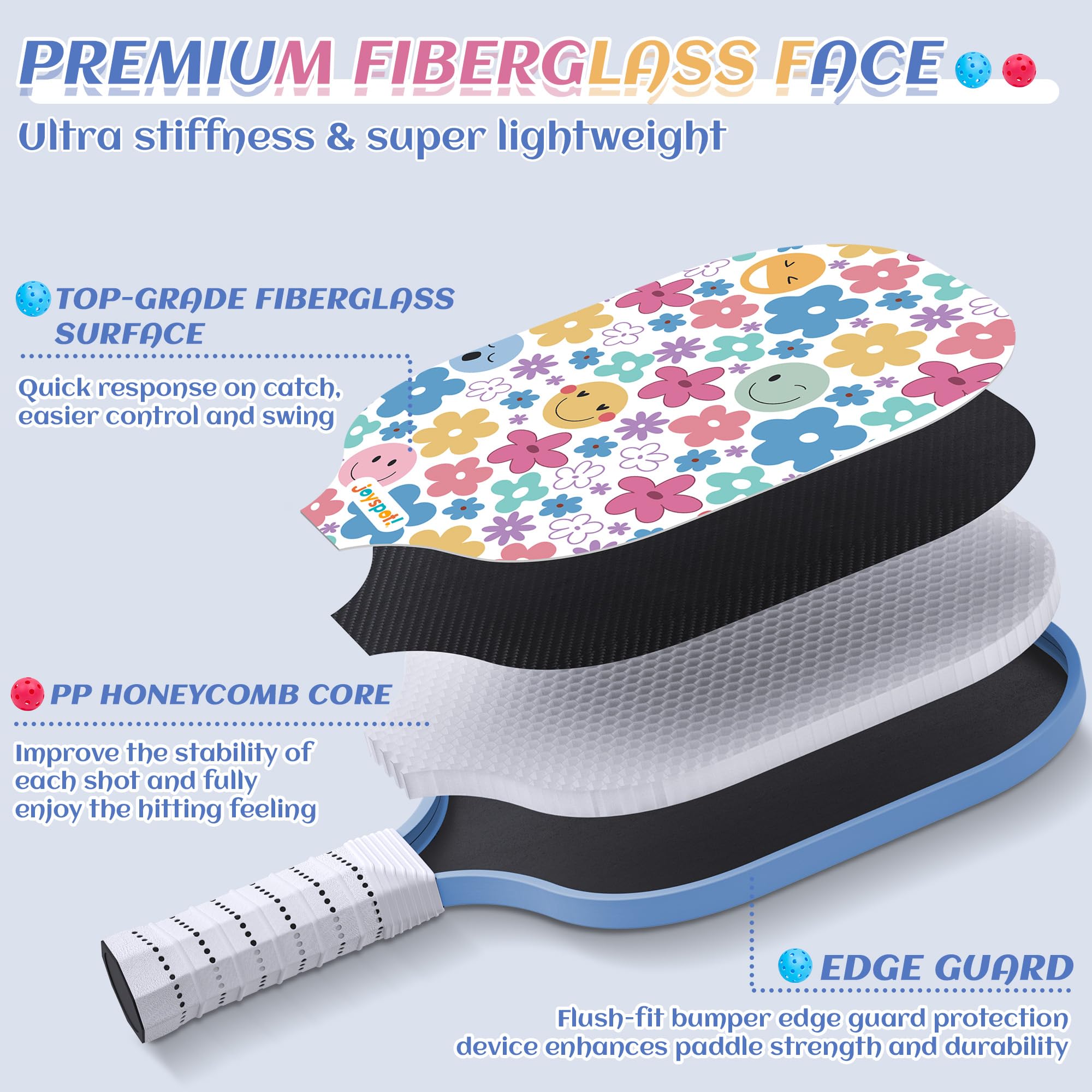 JOY SPOT! close-up of fiberglass face highlighting responsive power and scratch resistance