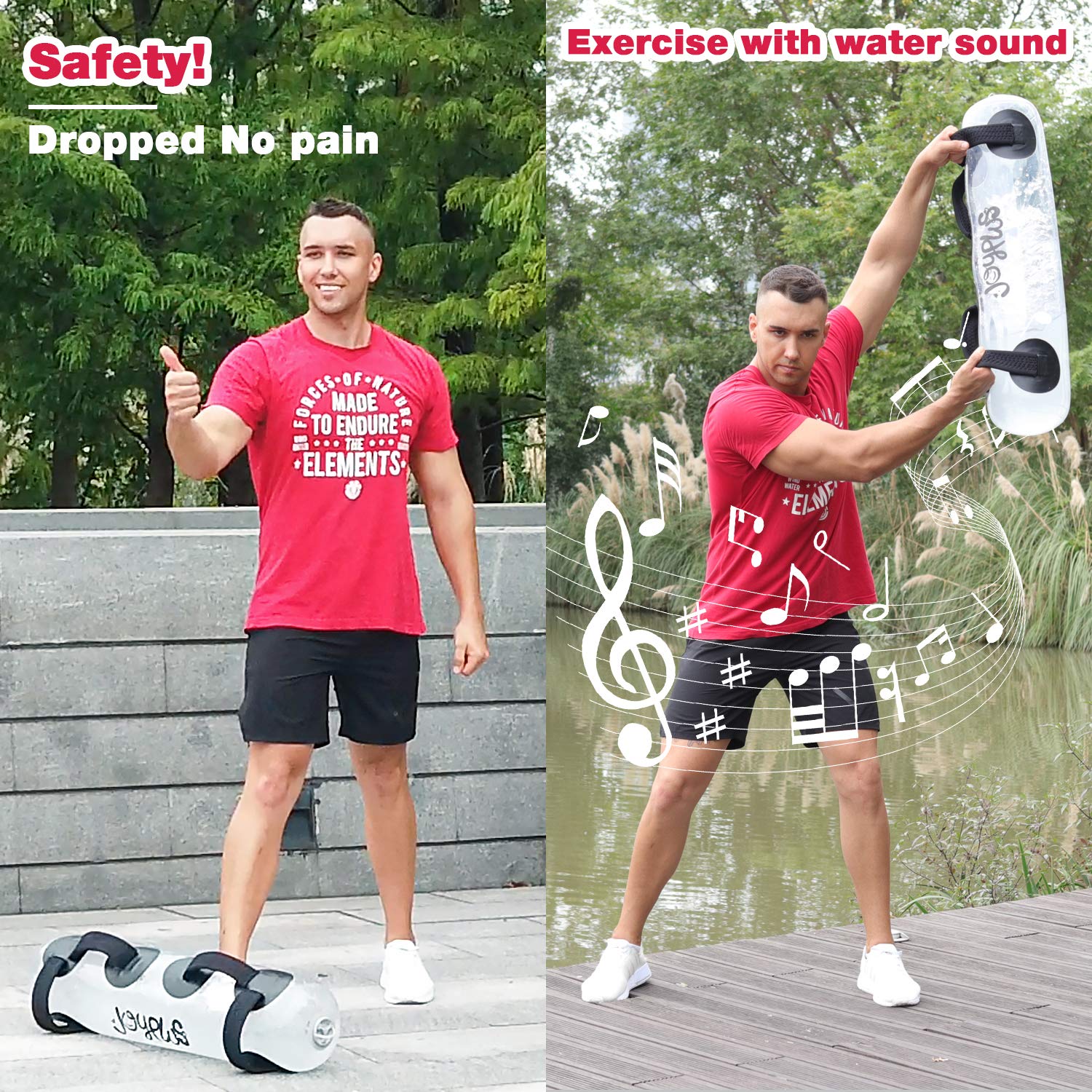 JOYPLUS aqua bag with workout poster and visible weight marks for guided progress