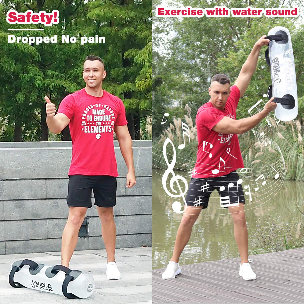 JOYPLUS aqua bag with workout poster and visible weight marks for guided progress