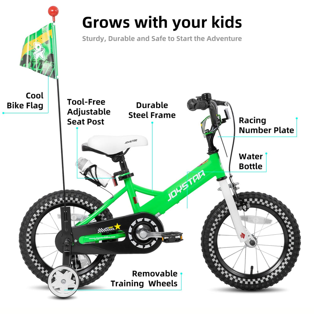 JOYSTAR close-up of front brake and enclosed chainguard enhancing child safety