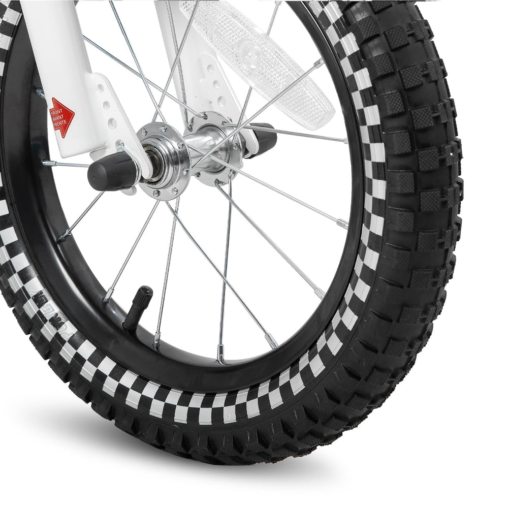 JOYSTAR bike beside child to show correct 16 inch size and fit guidance