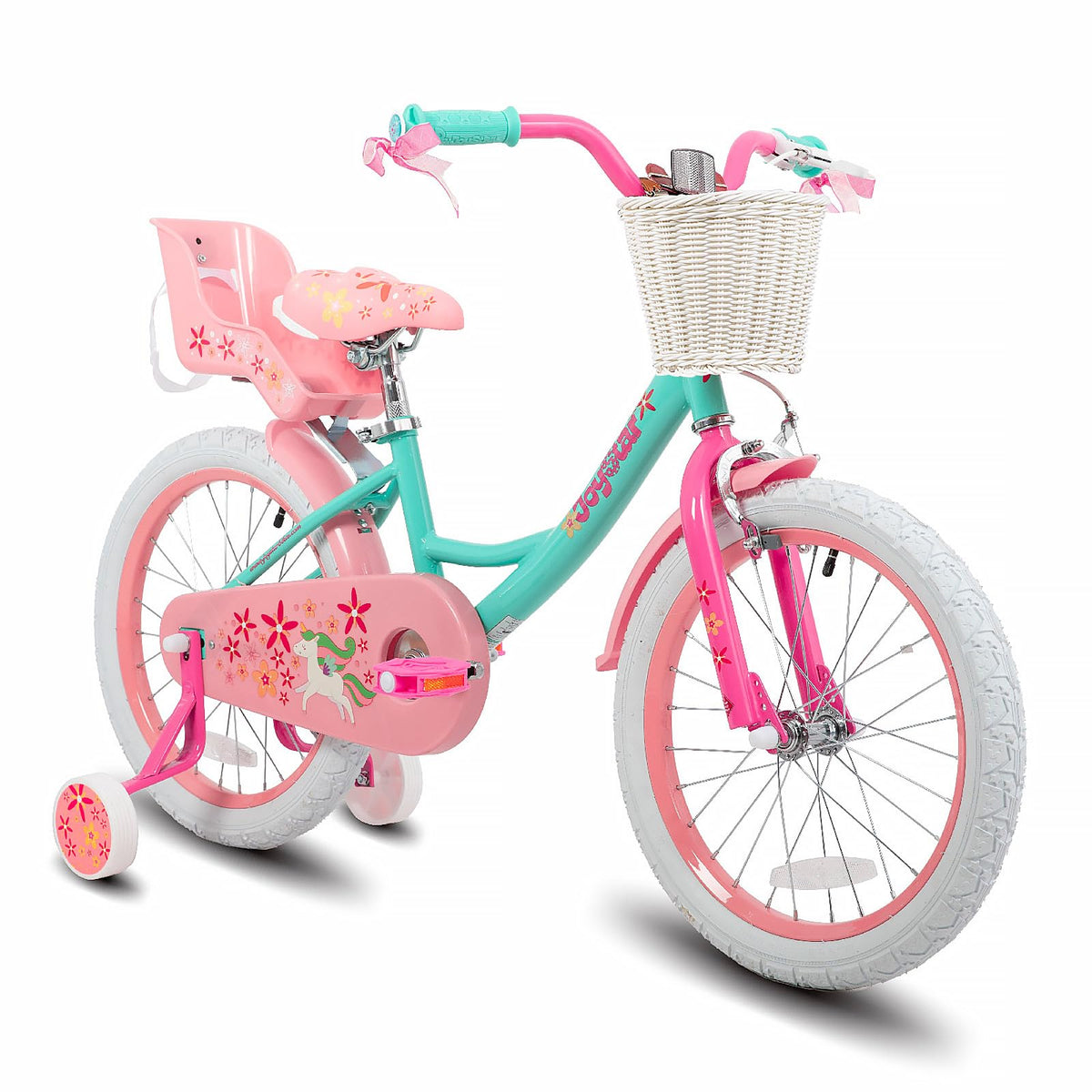 JOYSTAR front view of green 18-inch unicorn bike showing playful design and stability