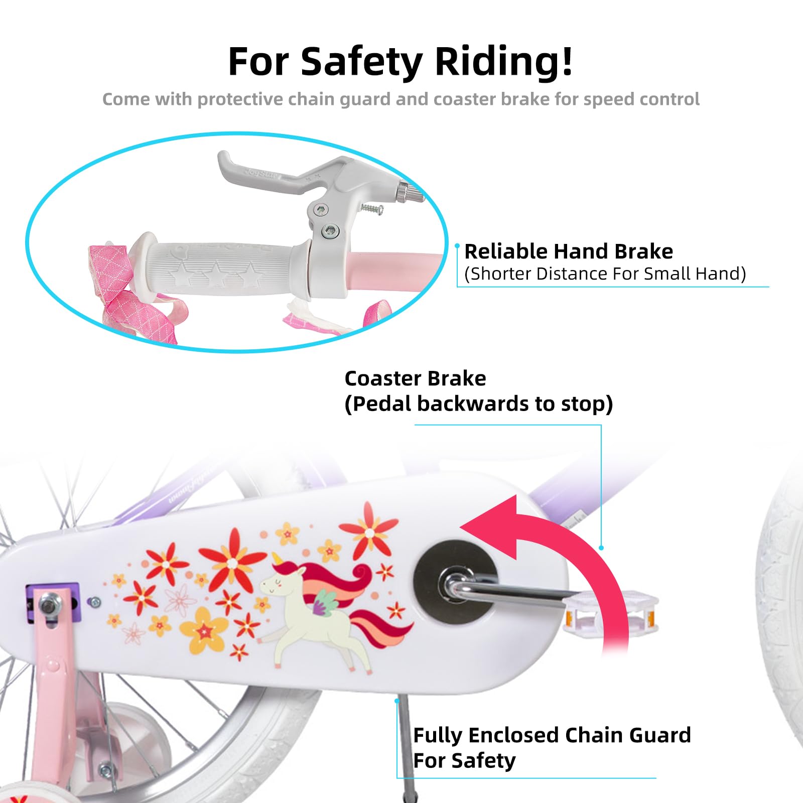 JOYSTAR unicorn close-up of hand brake and rear coaster brake for safer stopping
