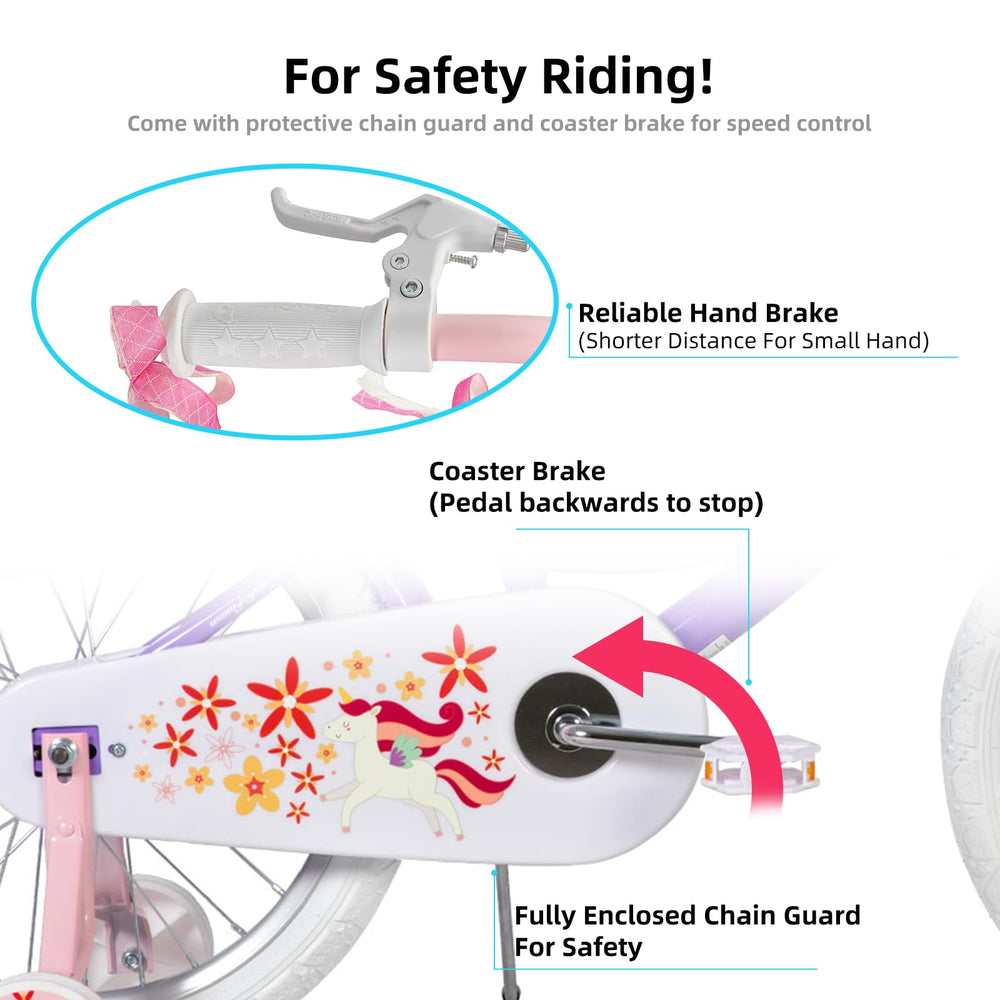 JOYSTAR unicorn close-up of hand brake and rear coaster brake for safer stopping
