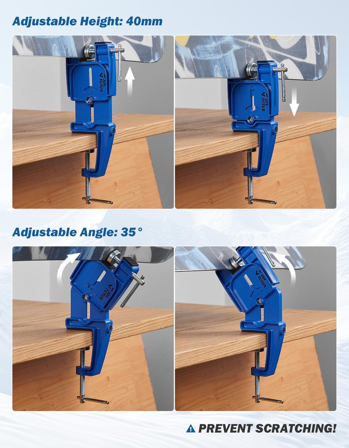 JOYTUTUS vise set on workbench with snowboard being waxed, stable support