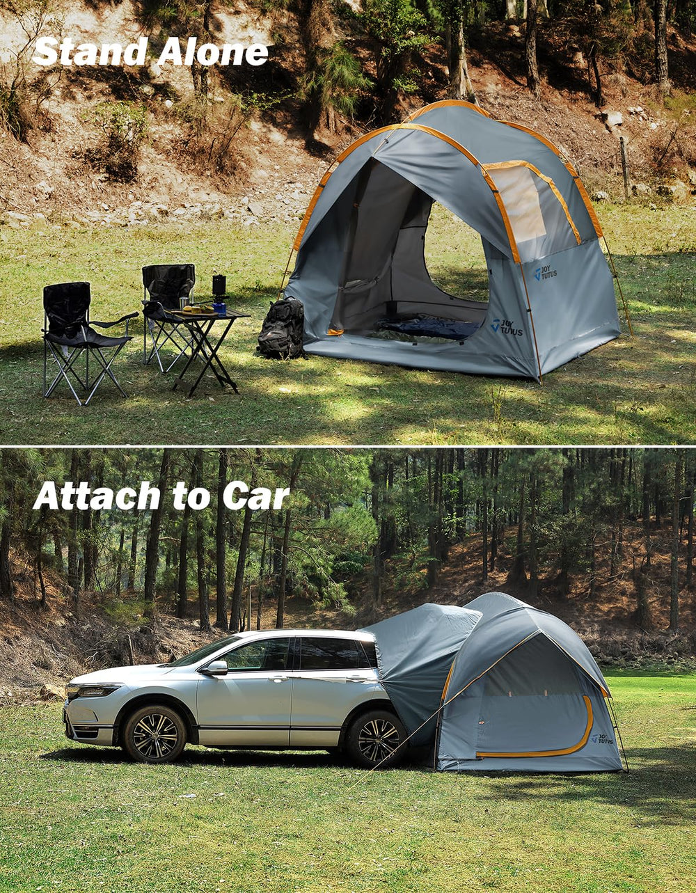 JOYTUTUS tent with people for scale showing 6.9 ft headroom and family capacity