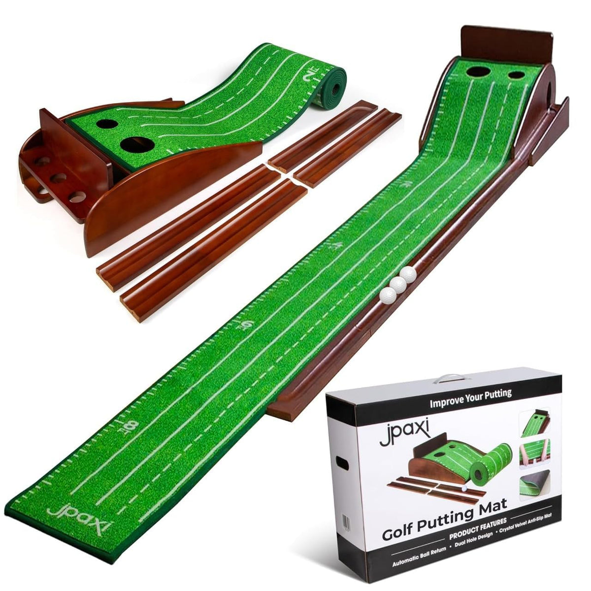 JPAXI putting mat front view showing full 9ft layout and two holes for practice