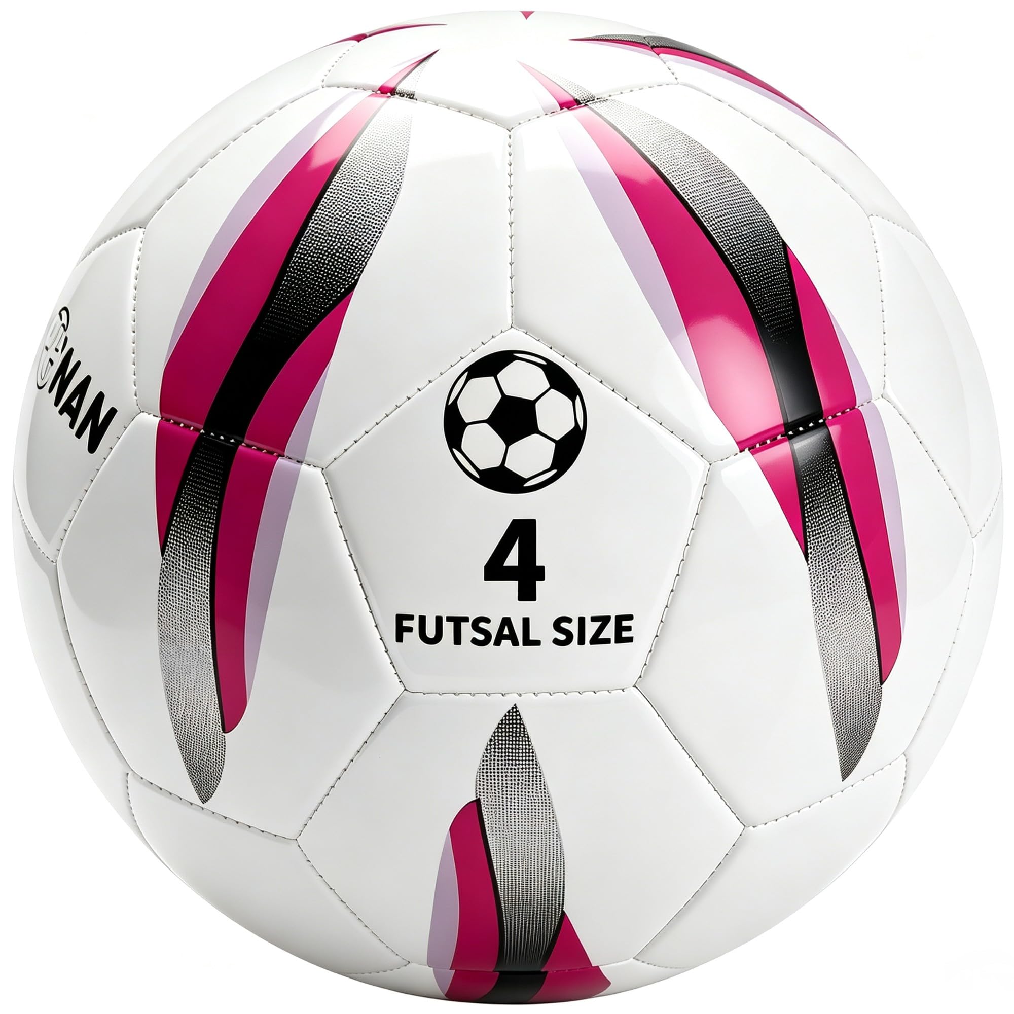 JPHNAN front view of white pink-purple futsal ball showing brand and clear markings for quick recognition.