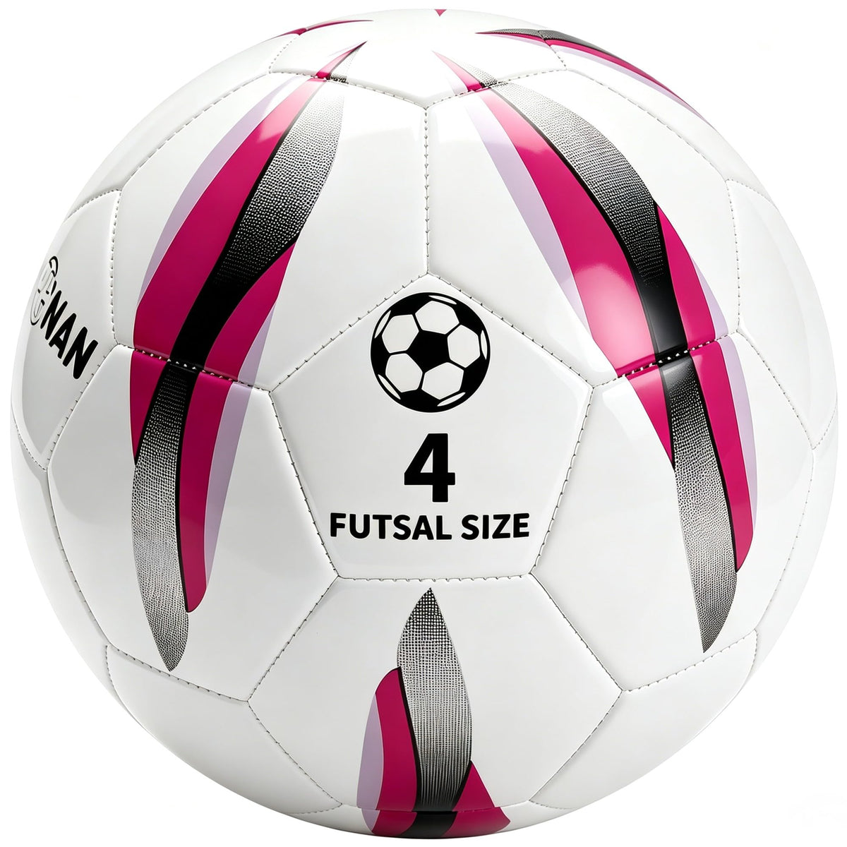 JPHNAN front view of white pink-purple futsal ball showing brand and clear markings for quick recognition.