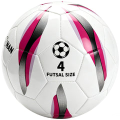 JPHNAN front view of white pink-purple futsal ball showing brand and clear markings for quick recognition.