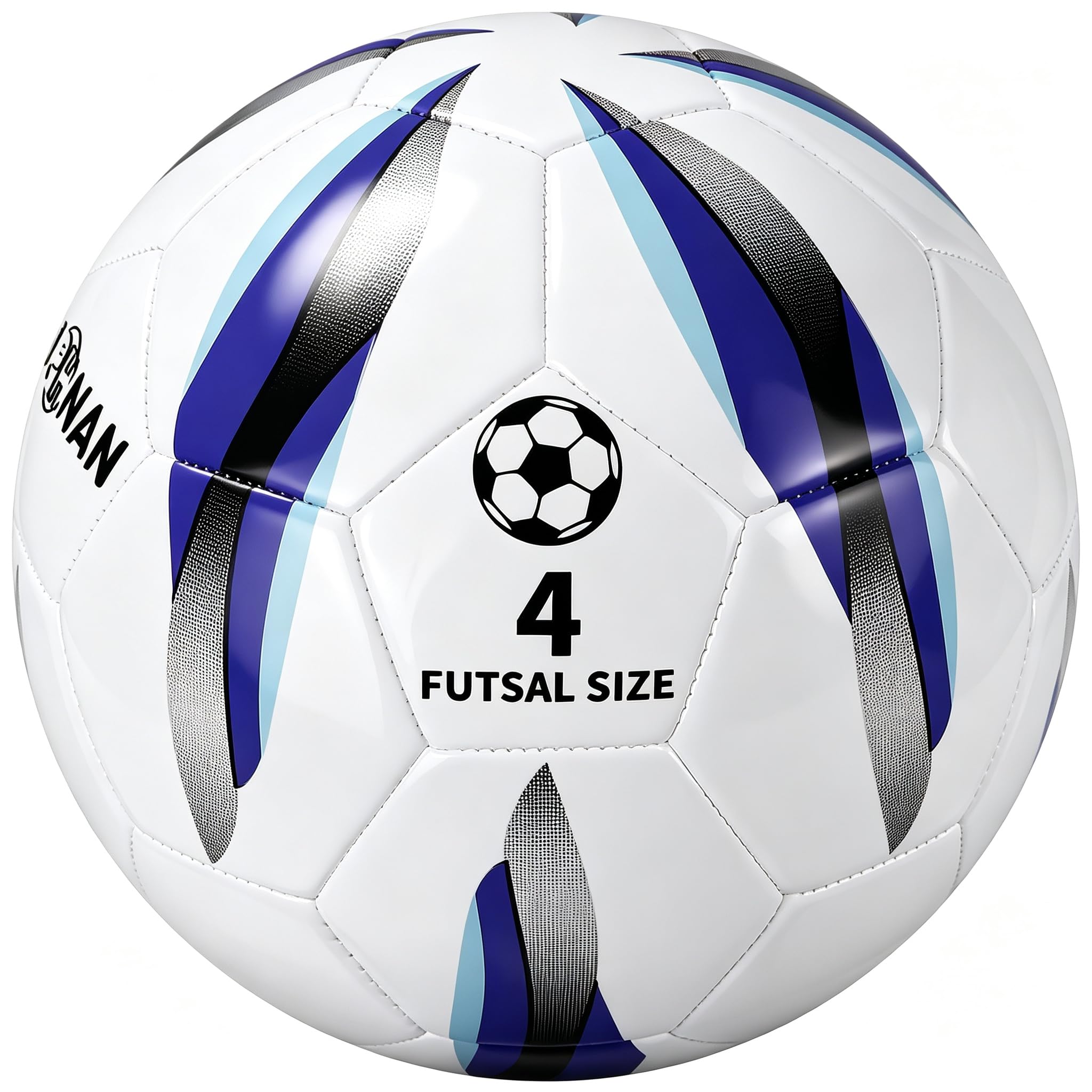 JPHNAN front view futsal ball showing clear white-blue design for visibility