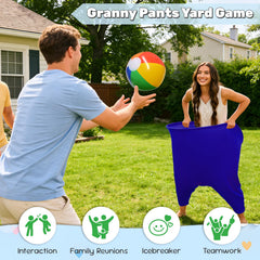 Jsngbse players racing in granny pants in a backyard, encouraging team fun