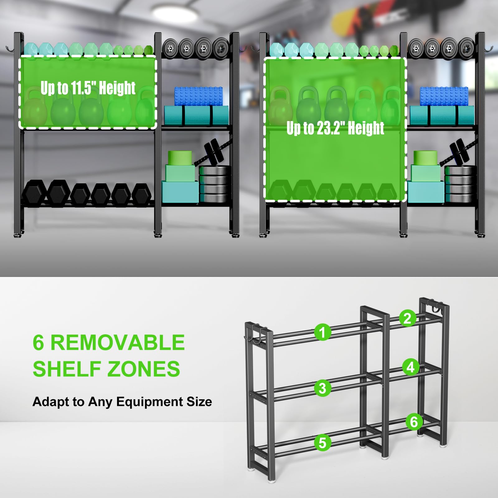 JSNW adjustable shelf detail showing flexible height storage for rollers and balls