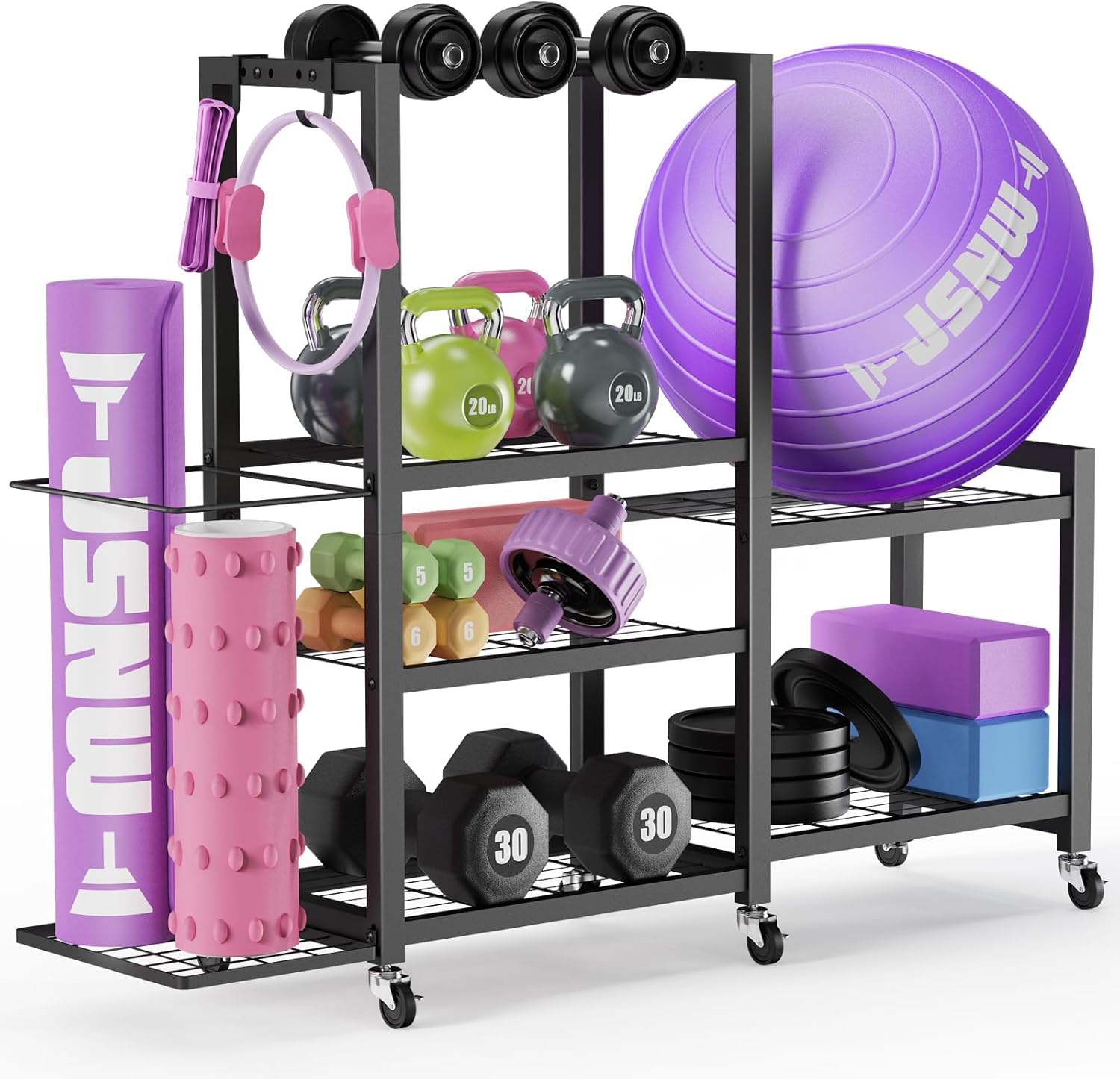 JSNW full rack front view showing organized weights and mats, space-saving benefit