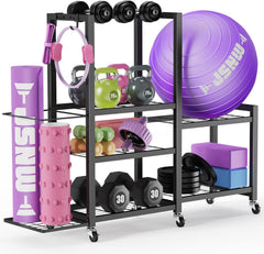 JSNW full rack front view showing organized weights and mats, space-saving benefit