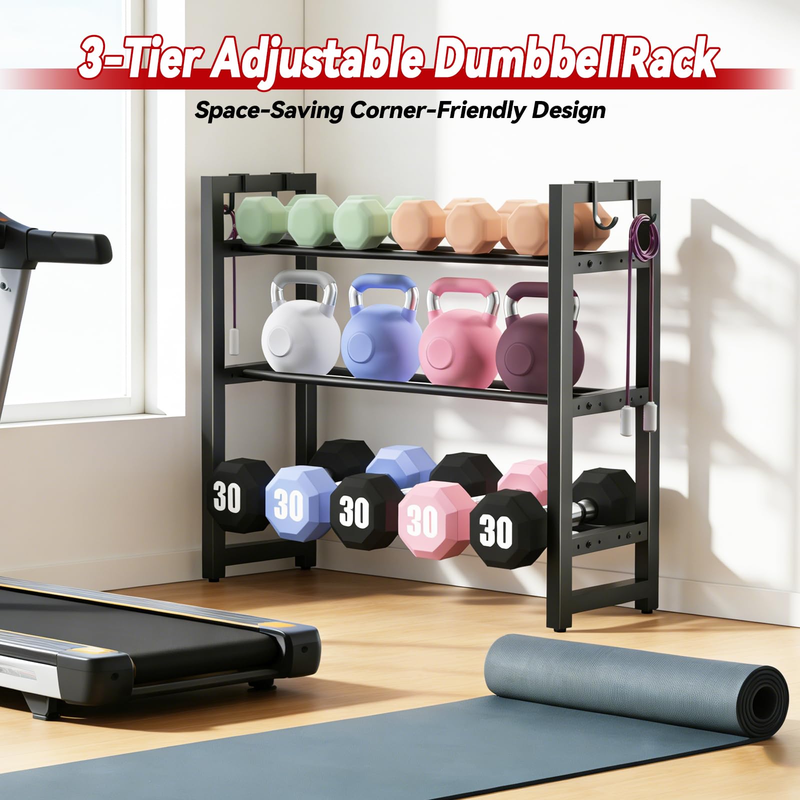 JSNW rack loaded with dumbbells and kettlebells for versatile storage