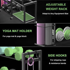 JSNW tiered shelves loaded with dumbbells demonstrating organized storage benefit