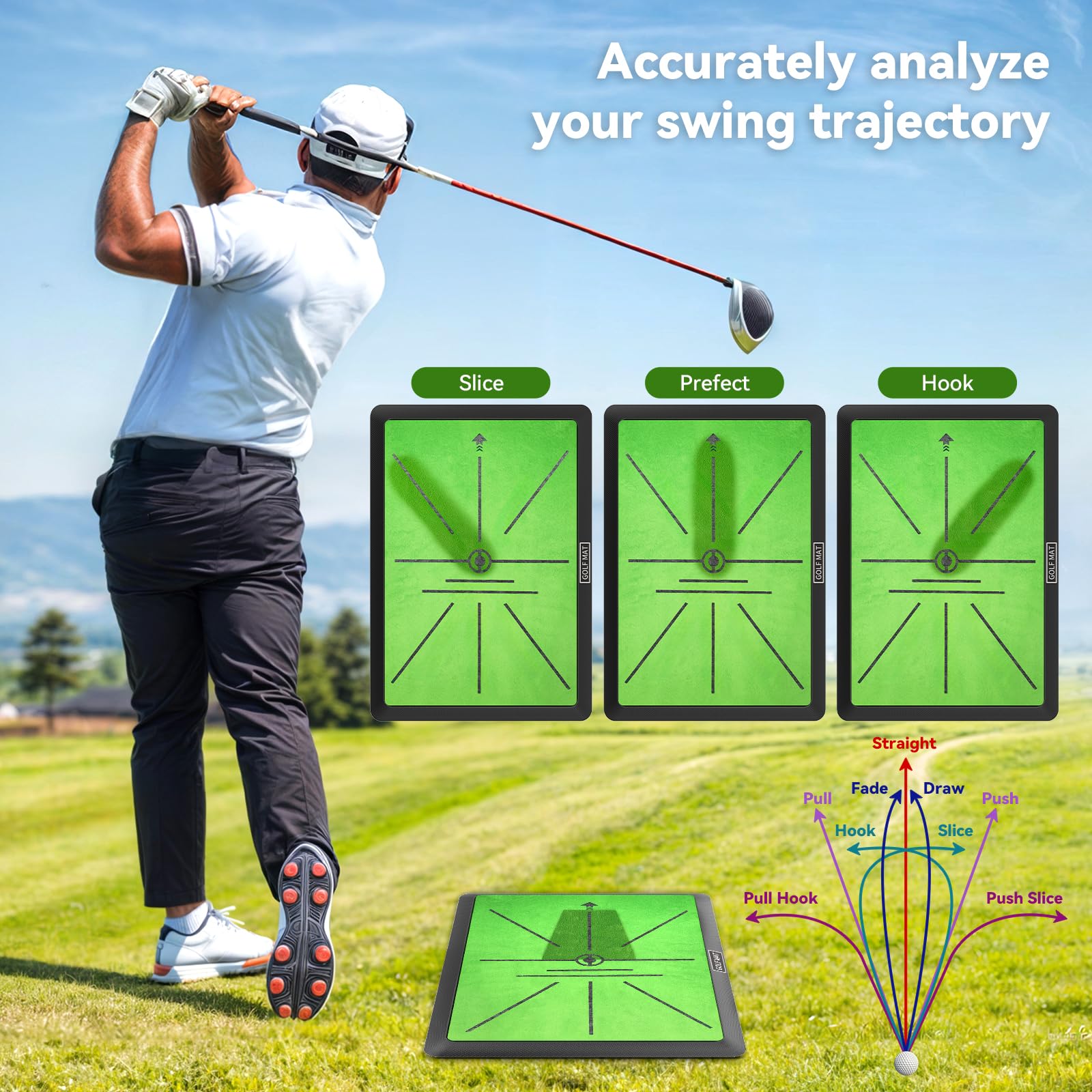 Jspotib mat beside golf clubs and balls to show size and portable scale