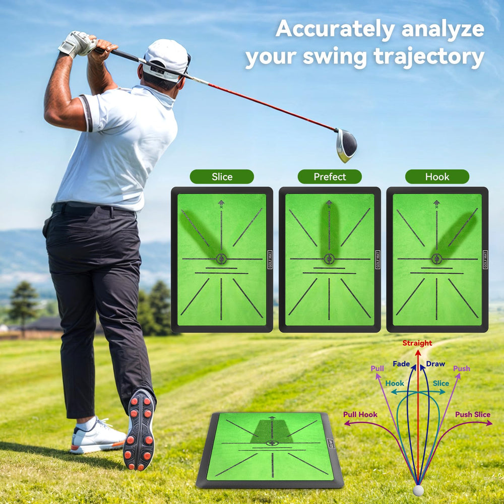 Jspotib mat beside golf clubs and balls to show size and portable scale