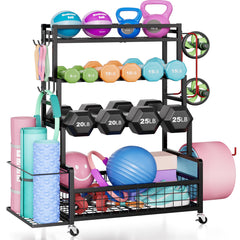 Jsskeeim front view of rack showing neat dumbbell organization and space saving