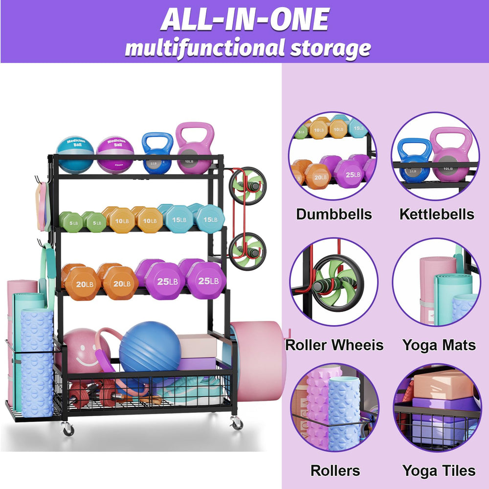 Jsskeeim rack loaded with dumbbells and kettlebells for efficient storage