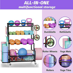 Jsskeeim rack loaded with dumbbells and kettlebells for efficient storage