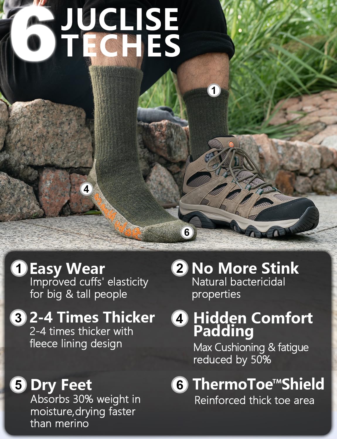 Juclise socks inside hiking boot showing fit and moisture control