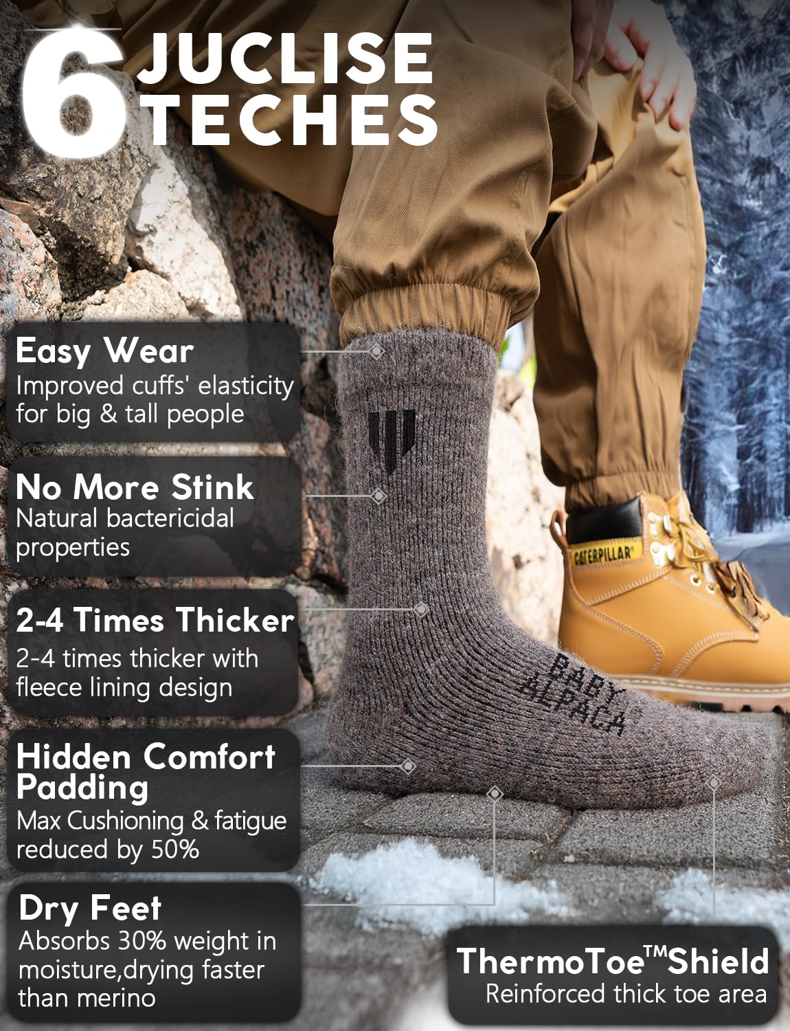 Juclise socks worn inside a boot illustrating warmth and moisture control
