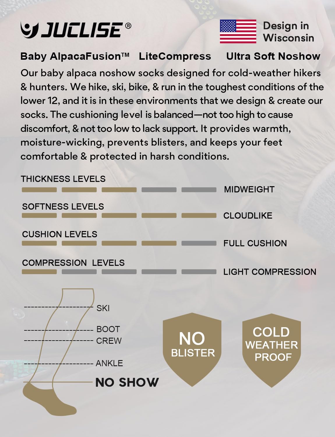 Juclise no-show sock inside a sneaker showing discreet fit and secure placement