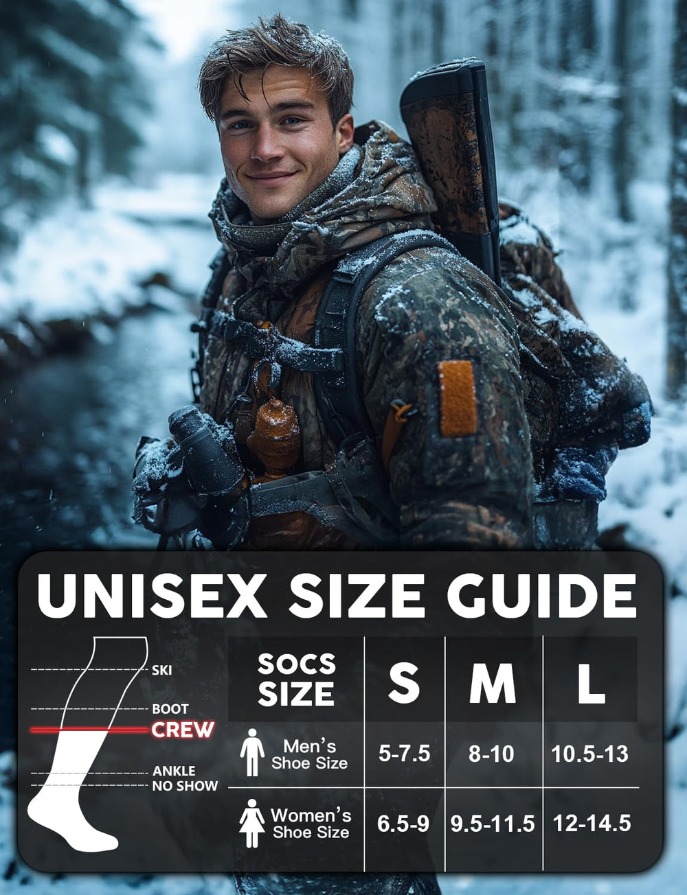 Juclise socks on a hiker in snow demonstrating outdoor warmth and durability